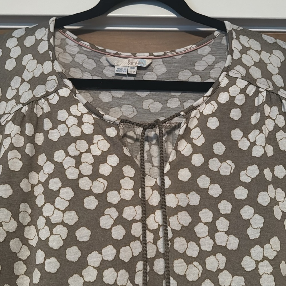 Boden Peasant Tunic blouse Womens 12 wool blend Tan/White long sleeves office - Picture 3 of 7